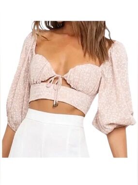 Petal + Pup Tie Front Crop Top Beige Floral Smocked S